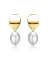 Genevive Sterling Silver 14k Yellow Gold Plated Oval White Freshwater Pearl Drop Medallion Dangle Earrings