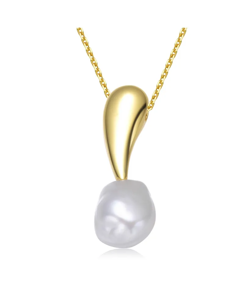 Genevive Sterling Silver 14K Gold Plated with Genuine Freshwater Pearl Drop Pendant Necklace