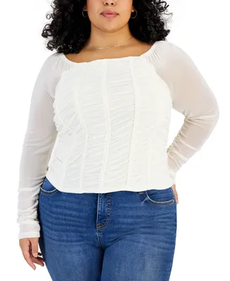 Full Circle Trends Trendy Plus Size Mesh-Sleeve Ruched Corset Top