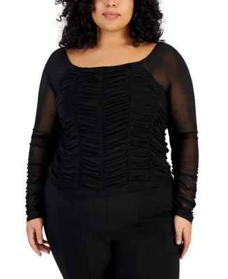 Full Circle Trends Trendy Plus Mesh-Sleeve Ruched Corset Top