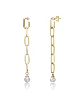 Genevive Sterling Silver 14K Gold Plated Genuine Freshwater Pearl and Cubic Zirconia Drop Butterfly Earrings