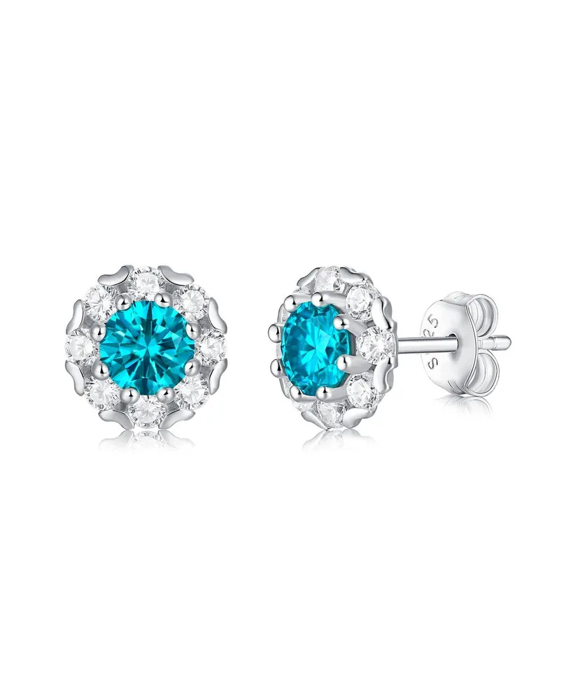 Stella Valentino Radiant Sterling Silver Round Halo Stud Earrings with 0.50ctw Lab-Created Moissanite & Blue Topaz, White Gold Plated