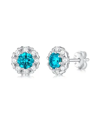 Stella Valentino Radiant Sterling Silver Round Halo Stud Earrings with 0.50ctw Lab-Created Moissanite & Blue Topaz, White Gold Plated