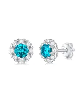 Stella Valentino Radiant Sterling Silver Round Halo Stud Earrings with 0.50ctw Lab-Created Moissanite & Blue Topaz, White Gold Plated