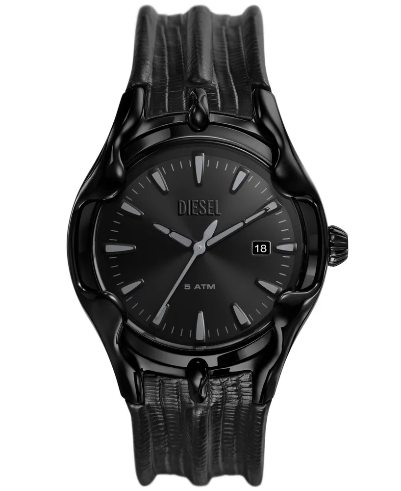 Diesel Men's Vert Three Hand Date Black Leather Watch 44mm