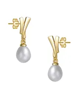 Genevive Sterling Silver 14k Yellow Gold Plated with White Freshwater Pearl Xoxo Hugs & Kisses Dangle Drop Earrings