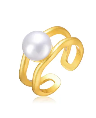 Genevive Sterling Silver 14K Gold Plated with Genuine Freshwater Pearl Solitaire Open Ring