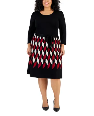 Taylor Plus Size Belted Patterned-Skirt Sweater Dress