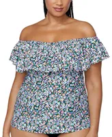 Raisins Curve Trendy Plus Size Tortuga Ruffled Off-The-Shoulder Tankini Top