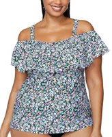 Raisins Curve Trendy Plus Size Tortuga Ruffled Off-The-Shoulder Tankini Top