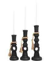 Wood Handmade Textured Matte Candle Holder with Beaded Garland Accent 14", 12" and 10" H, Set of 3