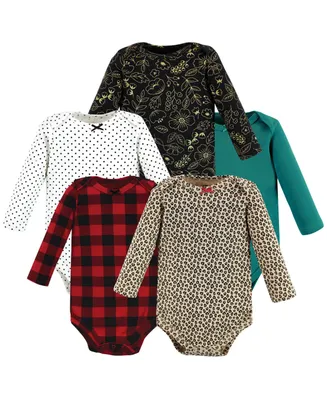Hudson Baby Girls Cotton Long-Sleeve Bodysuits, Buffalo Plaid Leopard, 5-Pack