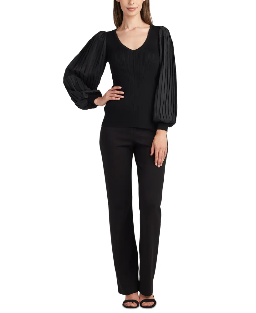 Bcx Juniors' Contrast Pleated-Sleeve Ribbed Sweater
