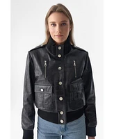 Furniq Uk Women's Genuine Leather Bomber Jacket, Crocodile Emboss Black