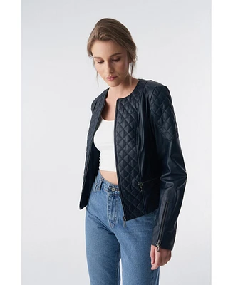 Furniq Uk Women's Genuine Leather Quilted Biker Jacket