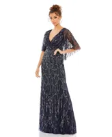 Women's Embellished Cap Sleeve Faux Wrap Trumpet Gown