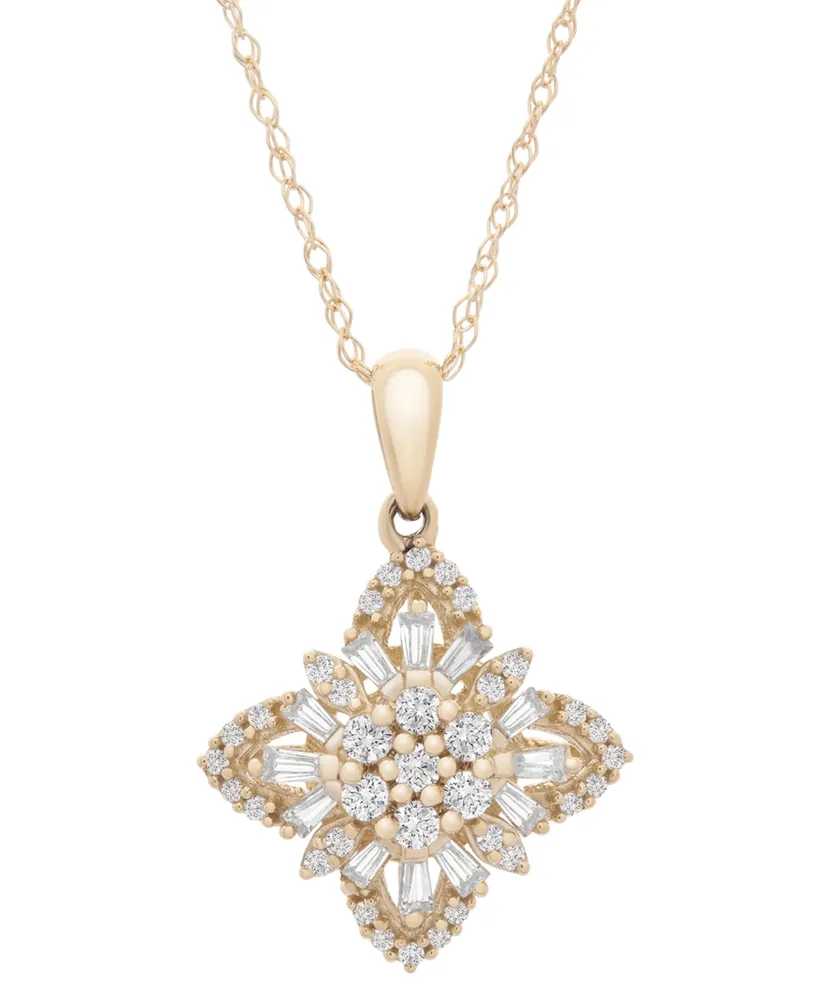 Wrapped in Love Diamond Round & Baguette Flower Pendant Necklace (1/2 ct. tw) in 14k Gold, 18" + 2" extender, Created for Macy's