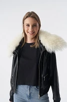 Furniq Uk Women's Detachable Natural Shearling Collar Bomber Jacket