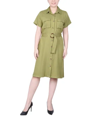 Ny Collection Petite Short Sleeve Belted Utility Style Dress