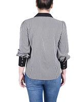 Ny Collection Petite Long Sleeve Striped Button Front Blouse