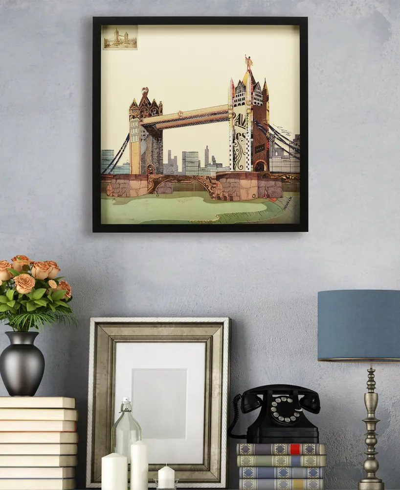 Empire Art Direct "London Bridge" Hand-made dimensional Art collage, Under Glass, Encased on a Black Shadow Box Frame, 25" x 25" x 1.4" - Multi