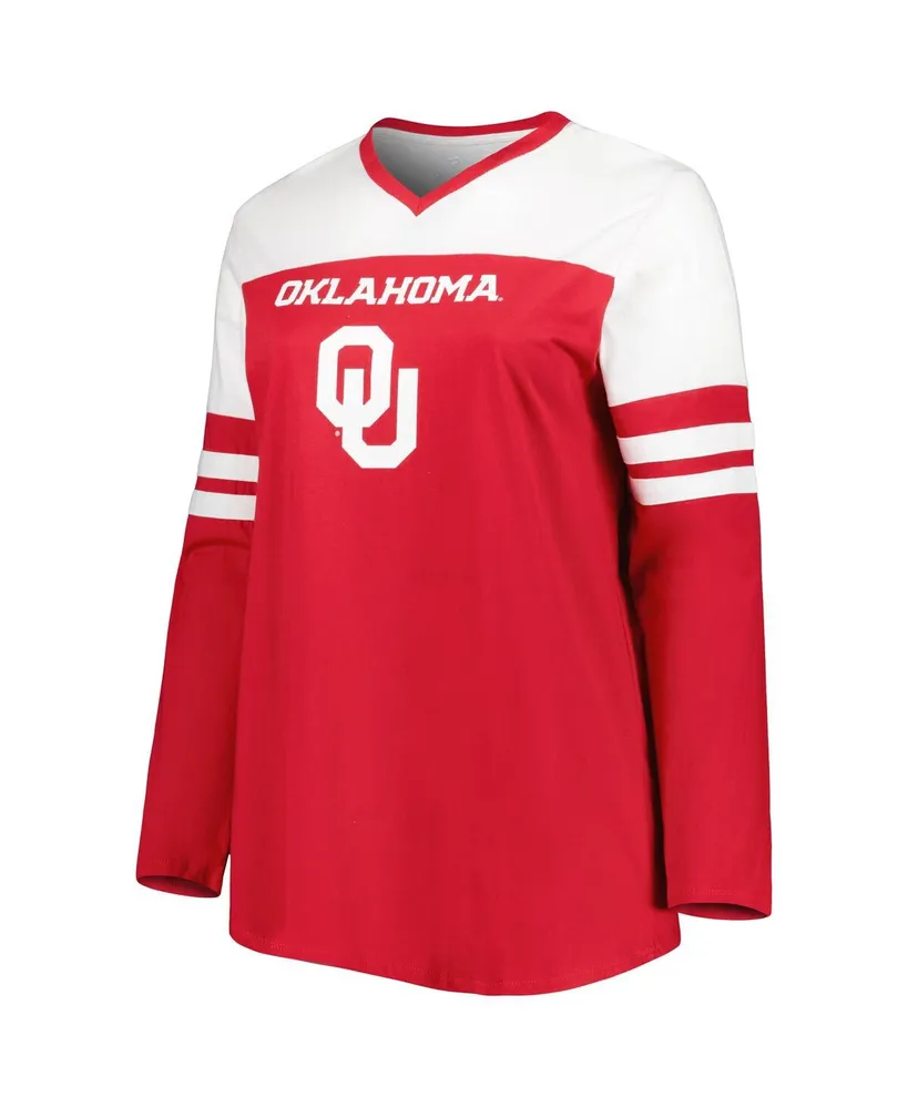 Women's Crimson Oklahoma Sooners Plus Size Long Sleeve Stripe V-Neck T-shirt