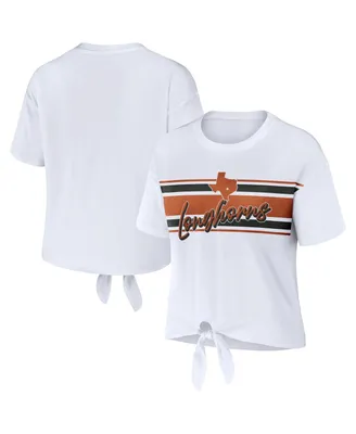 Women's Wear by Erin Andrews White Texas Longhorns Striped Front Knot Cropped T-shirt