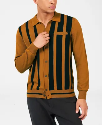 Ben Sherman Men's Full Button Front Stripe Sweater
