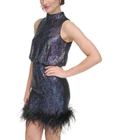 Eliza J Women's Feather-Trim Sequin Mock-Neck Dress