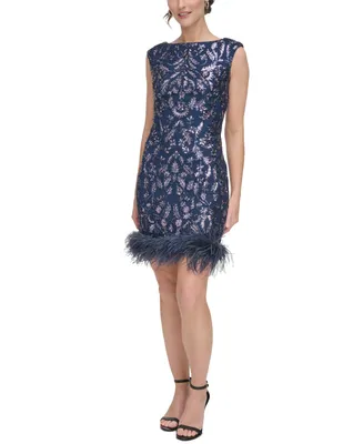 Eliza J Women's Feather-Trim Sequin Sheath Dress
