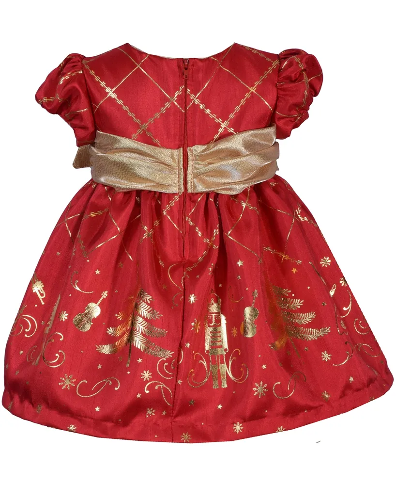 Bonnie Baby Baby Girls Short Sleeved Foiled Shantung with Nutcracker Motif and Side Bow Dress