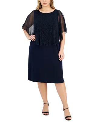 Connected Plus Size Round-Neck Mesh Cape Overlay Dress