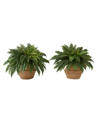 Nearly Natural 23" Artificial Boston Fern Plant with Handmade Jute Cotton Basket with Handles Diy Kit Set of 2