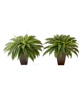 Nearly Natural 23" Artificial Boston Fern Plant with Tapered Bronze Square Metal Planter Diy Kit Set of 2