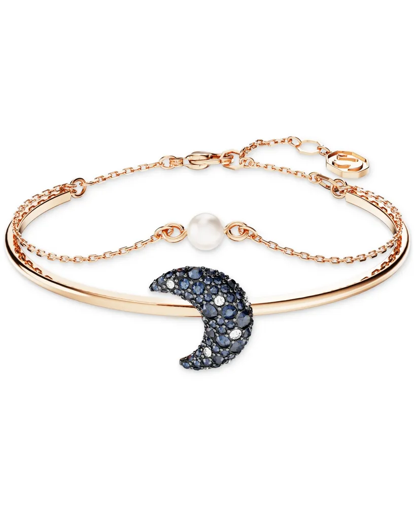 Swarovski Rose Gold-Tone Pave Crescent Moon & Imitation Pearl Double-Row Bangle Bracelet