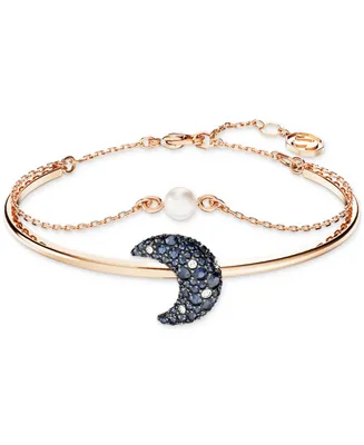 Swarovski Rose Gold-Tone Pave Crescent Moon & Imitation Pearl Double-Row Bangle Bracelet
