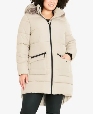 Avenue Plus Contrast Zip Faux Fur Trim Hooded Coat