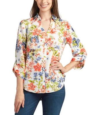 Bcx Juniors' Printed Collared Button-Down 3/4-Sleeve Top