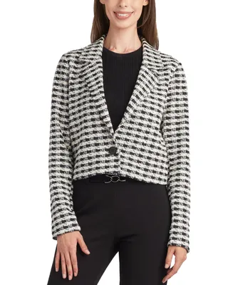 Bcx Juniors' Textured Check One-Button Cropped Jacket