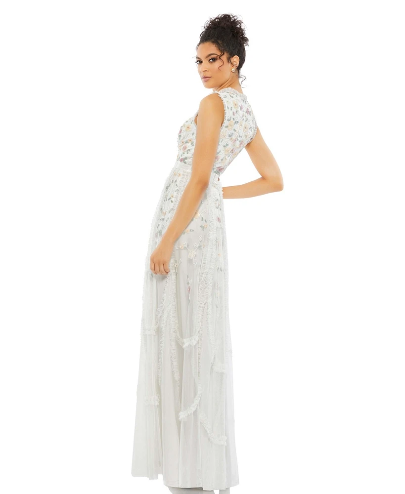 Women's Embellished High Neck Sleeveless Ruffled Gown