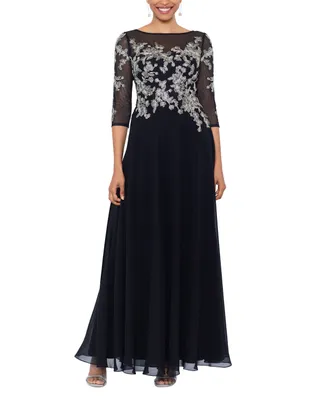 Betsy & Adam Women's Floral-Embroidered 3/4-Sleeve Gown