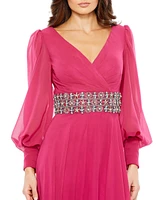 Women's Bishop Sleeve Wrap Over Belt Detail Flowy Gown