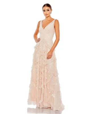 Women's Sequined Scallop Ruffle Tiered V-Neck Gown