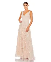 Women's Sequined Scallop Ruffle Tiered V-Neck Gown