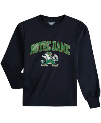 Big Boys Champion Navy Notre Dame Fighting Irish Arch Logo Mascot Long Sleeve T-shirt