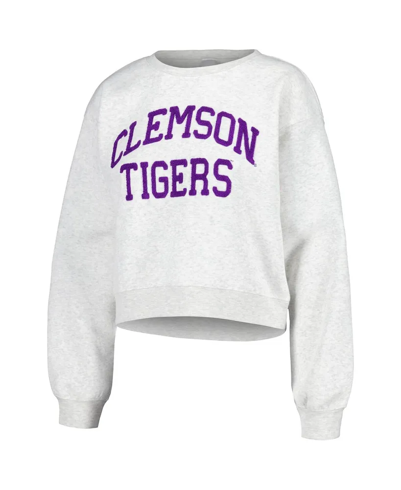 Women's ZooZatz Oatmeal Clemson Tigers Core Chenille Cropped Pullover Sweatshirt