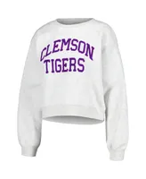 Women's ZooZatz Oatmeal Clemson Tigers Core Chenille Cropped Pullover Sweatshirt