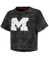 Women's Black Distressed Michigan Wolverines Vintage-Like Wash Milky Silk Cropped T-shirt