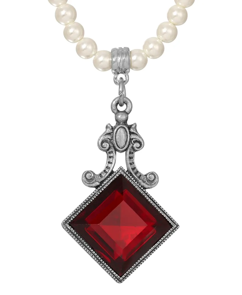 2028 Imitation Pearl Red Glass Pendant Necklace