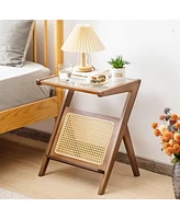 Costway Rattan Side Table Bamboo Accent Bedside with Tempered Glass Top